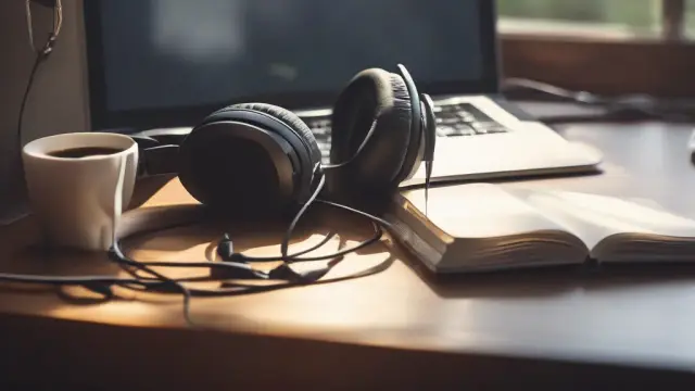 Scrivania di casa con quaderno aperto, portatile e cuffie over-ear appoggiate accanto a una tazza