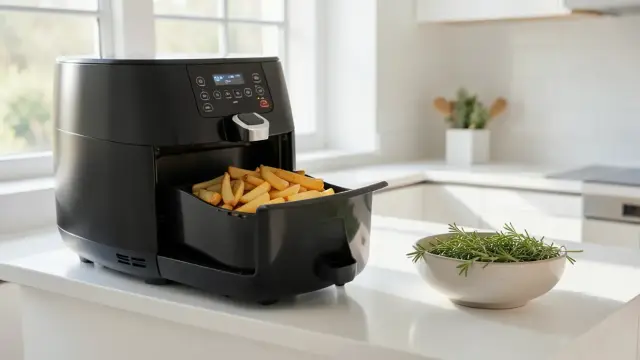 Friggitrice ad aria con cestello estratto e patate croccanti su un piano di lavoro