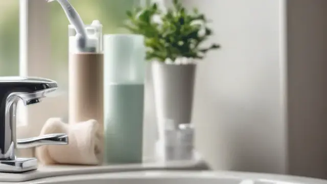 Mensola del bagno di casa con due spazzolini elettrici in un bicchiere