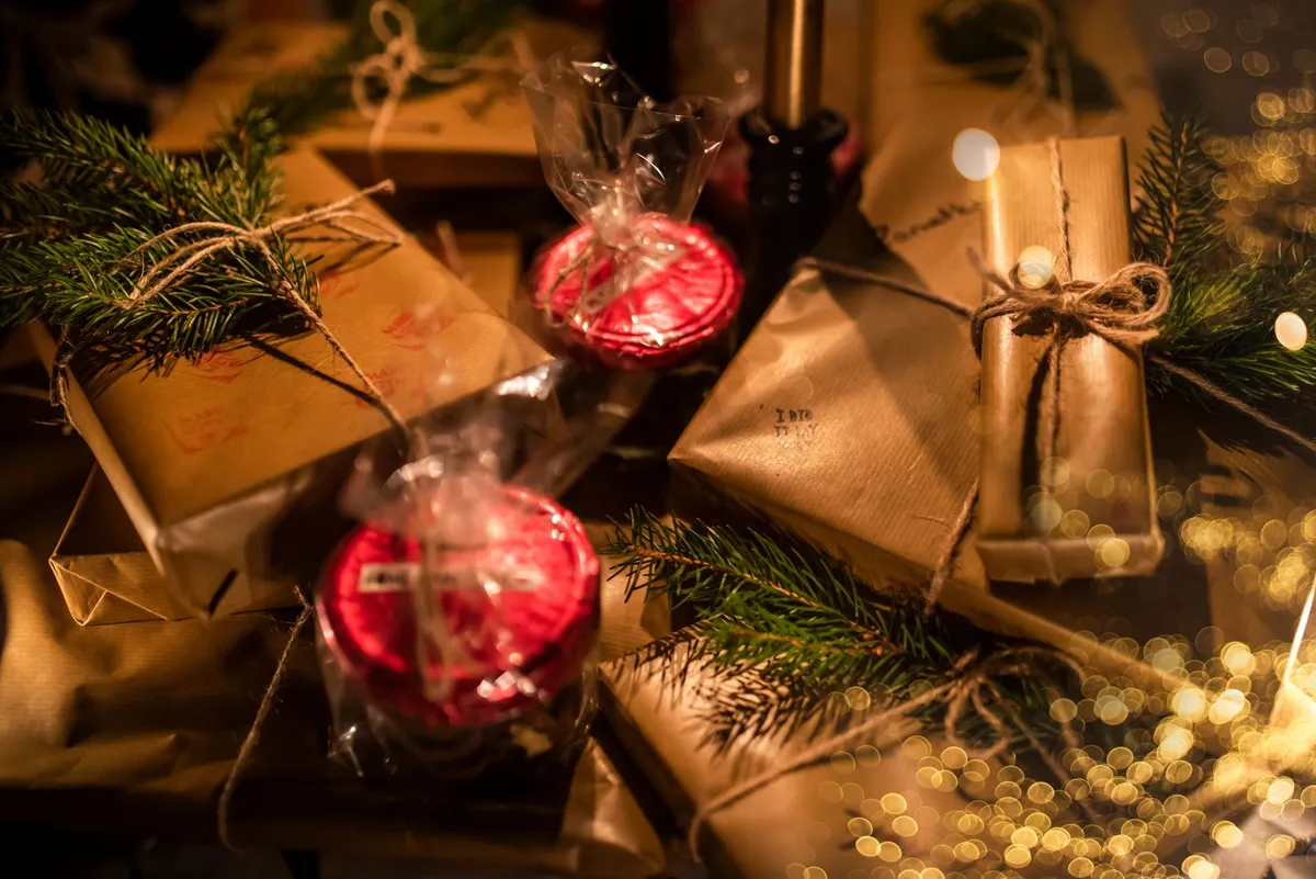 Wrapped holiday gifts on a table