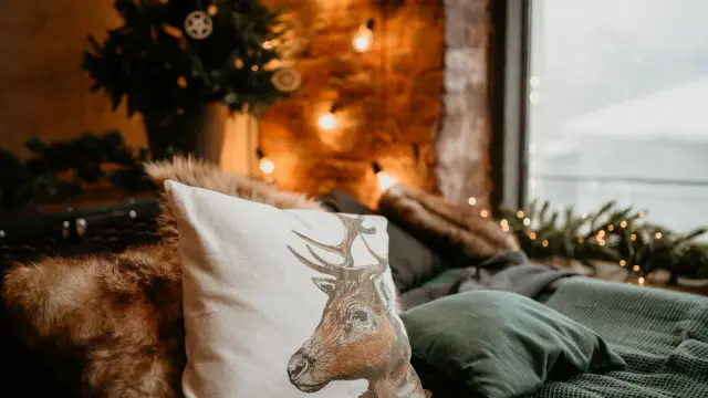 Queen bed with a comforter and throw blankets in a winter bedroom